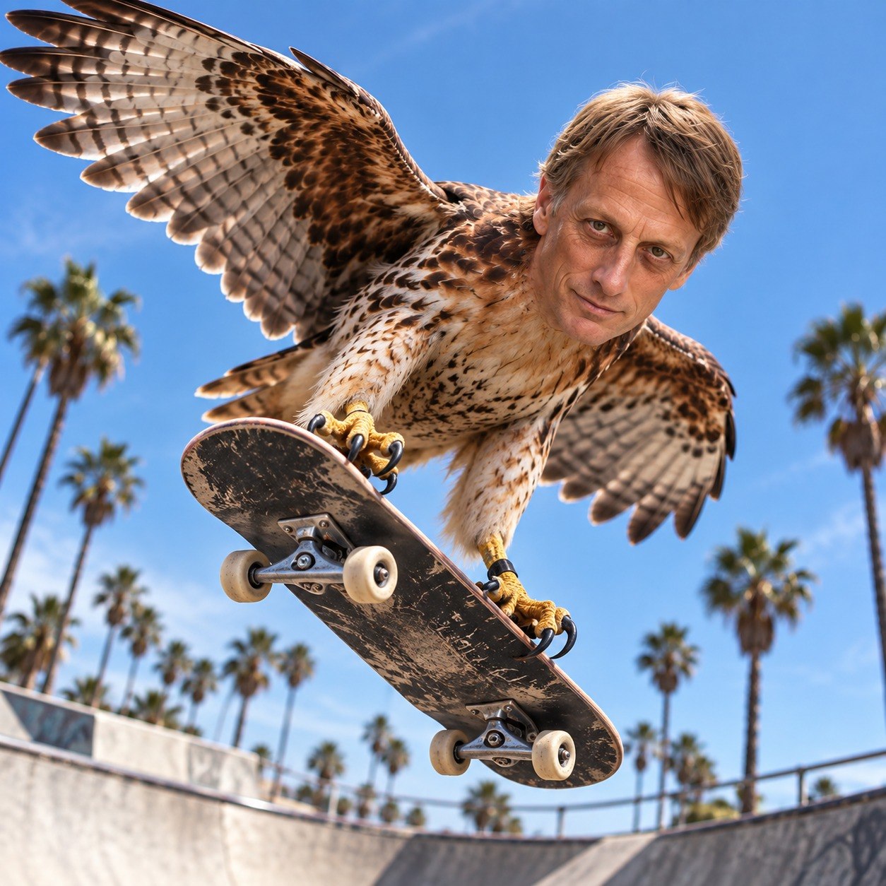 Tony Hawk with the body of a hawk flying over a skate bowl on a skateboard