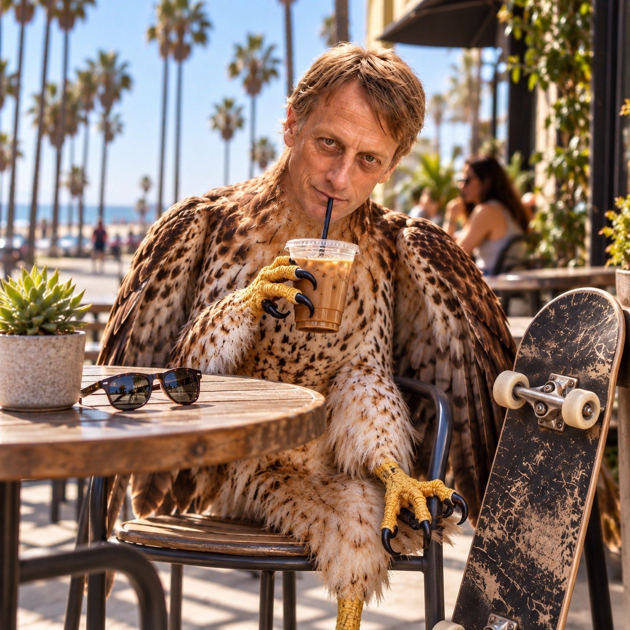 Tony Hawk with a hawk body sipping iced coffee at a beach café, skateboard beside him