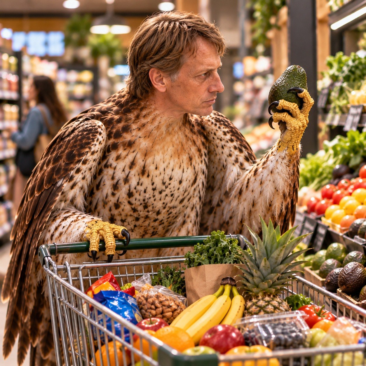 Tony Hawk hawk inspecting an avocado at a grocery store